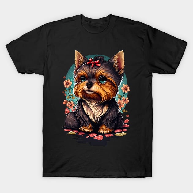 Super Cute Yorkshire Terrier Puppy Portrait Japanese style T-Shirt by KoolArtDistrict